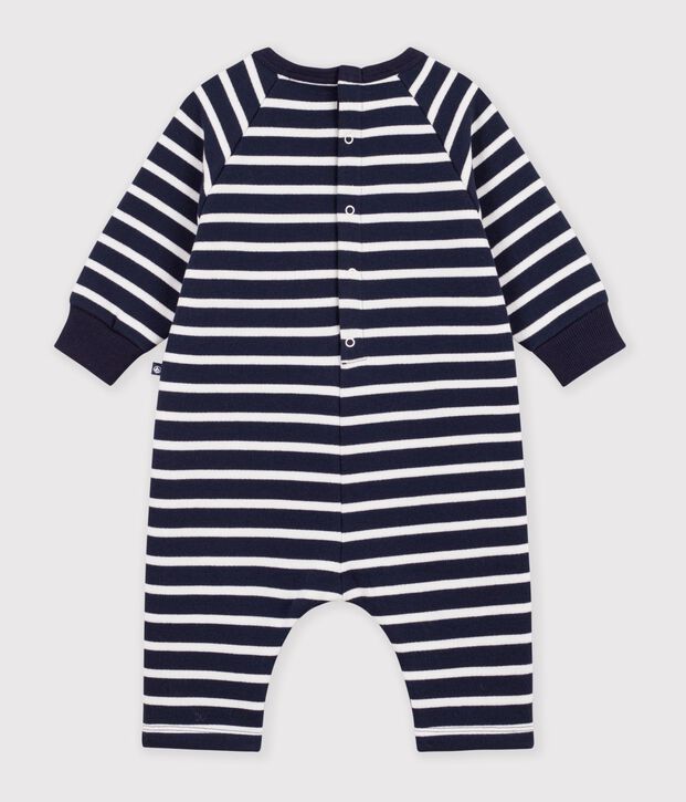 Babies' long stripy cotton jumpsuit blue/white