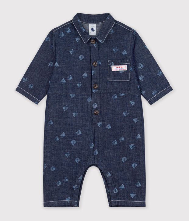 Babies' long jumpsuit in denim with a boat print blue/ecru