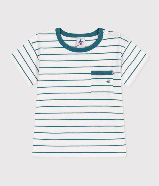 Babies' short-sleeved stripy cotton T-shirt MARSHMALLOW green/DRAGONFLY