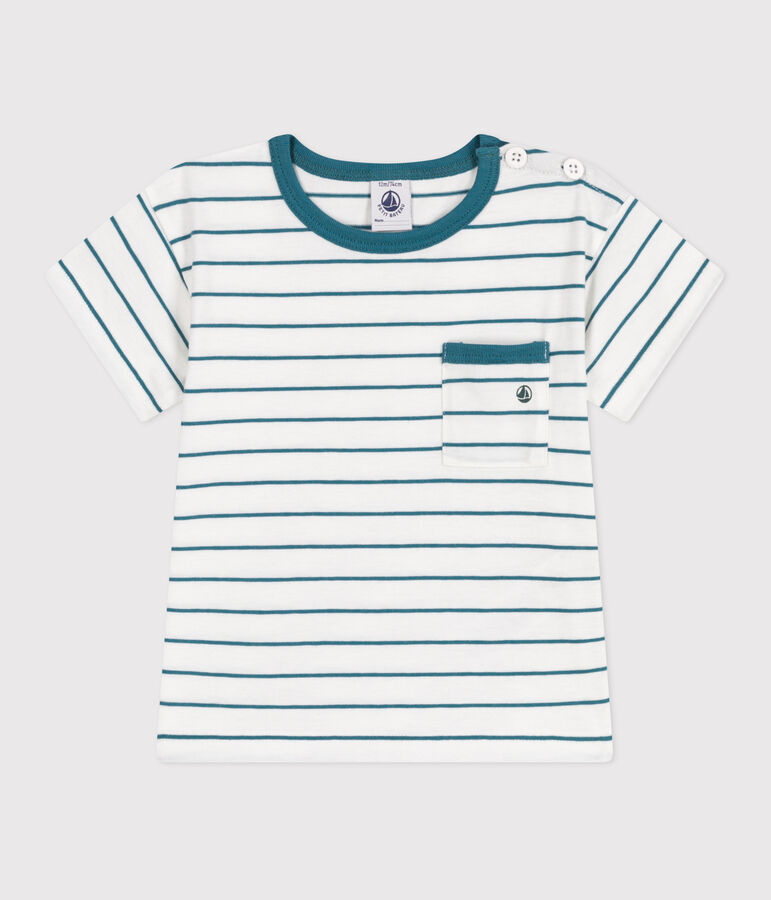 Babies' short-sleeved stripy cotton T-shirt white/green