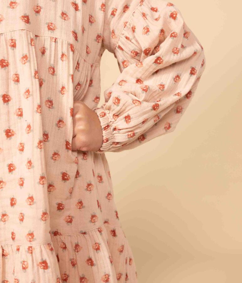 Girls' long-sleeved floral cotton gauze dress pink/multicolor
