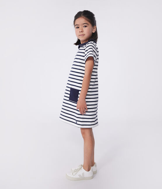 Children's short-sleeved cotton dress MARSHMALLOW white/SMOKING blue
