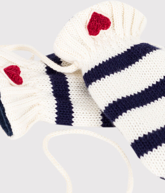 Babies' stripy knitted mittens lined in polar fleece MARSHMALLOW blue/SOIR