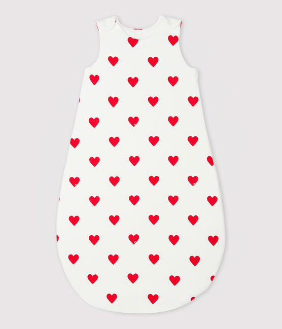 Babies' 2 TOG heart-patterned cotton sleeping bag MARSHMALLOW white/TERKUIT red