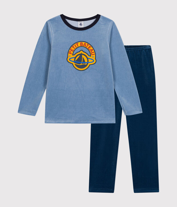Children's plain velour pyjamas blue/blue