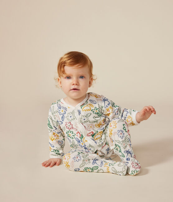Babies' floral pattern velour pyjamas MARSHMALLOW white/MULTICO white