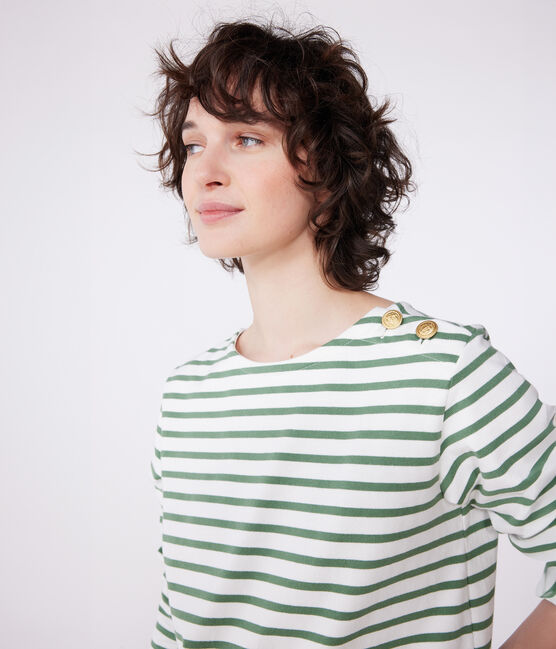 Women's long-sleeved cotton Breton top MARSHMALLOW green/PALMERAIE