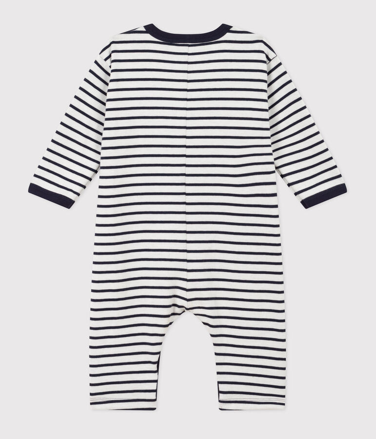 Babies' Thick Jersey Stripy Breton Jumpsuit MARSHMALLOW white/SMOKING blue