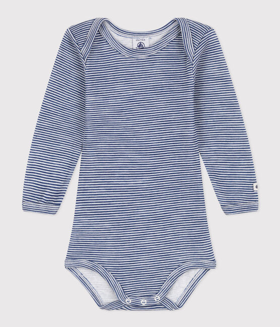 LONG-SLEEVED STRIPED WOOL AND COTTON BABYGROW MEDIEVAL blue/MARSHMALLOW white