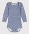 LONG-SLEEVED STRIPED WOOL AND COTTON BABYGROW MEDIEVAL blue/MARSHMALLOW white