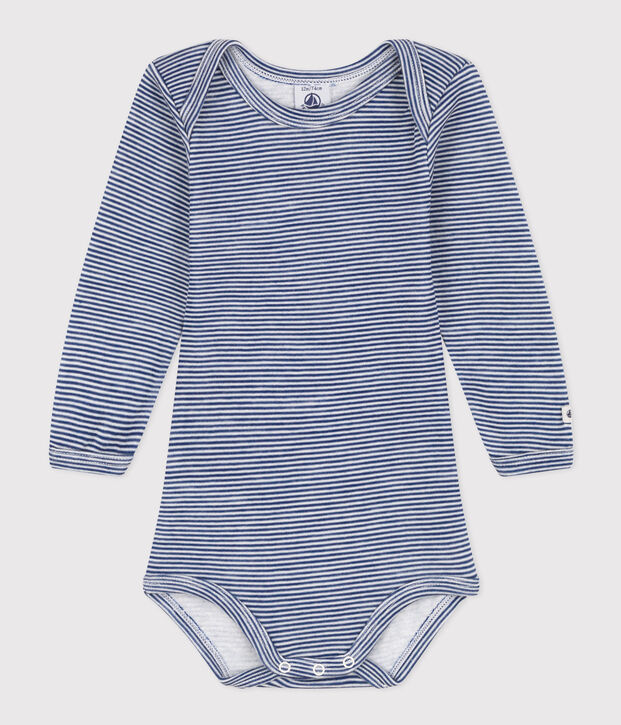 LONG-SLEEVED STRIPED WOOL AND COTTON BABYGROW blue/white