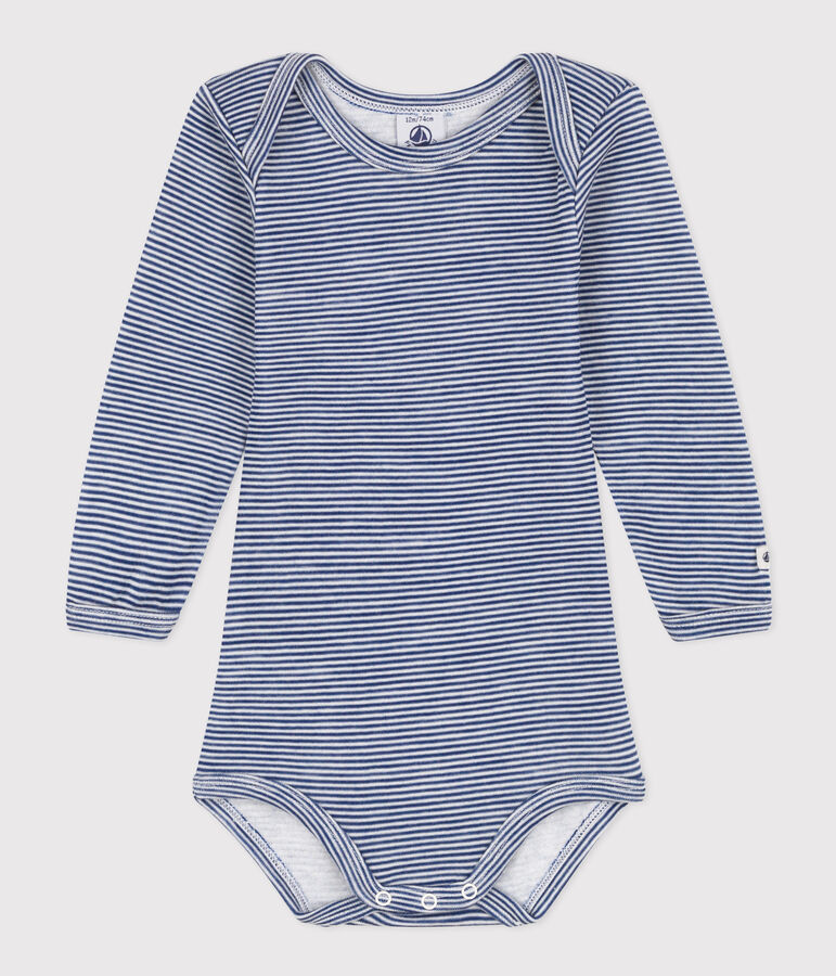 LONG-SLEEVED STRIPED WOOL AND COTTON BABYGROW blue/white