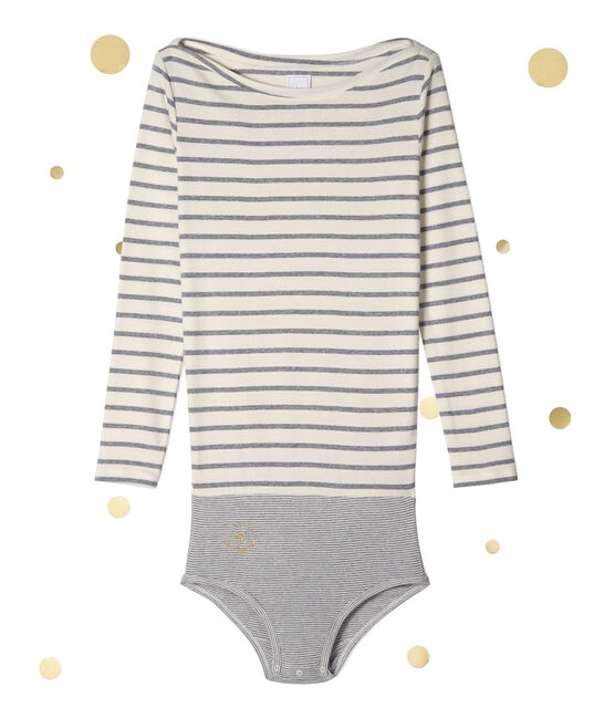 Women's long sleeved body. Petit bateau x Marie-Agnès Gillot COQUILLE beige/SUBWAY grey