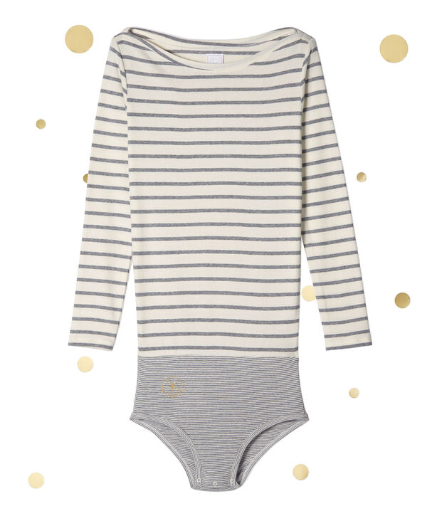Women's long sleeved body. Petit bateau x Marie-Agn&egrave;s Gillot white/grey
