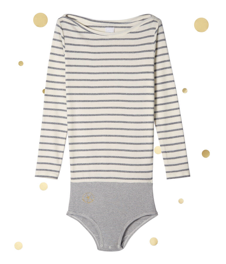 Women's long sleeved body. Petit bateau x Marie-Agn&egrave;s Gillot white/grey