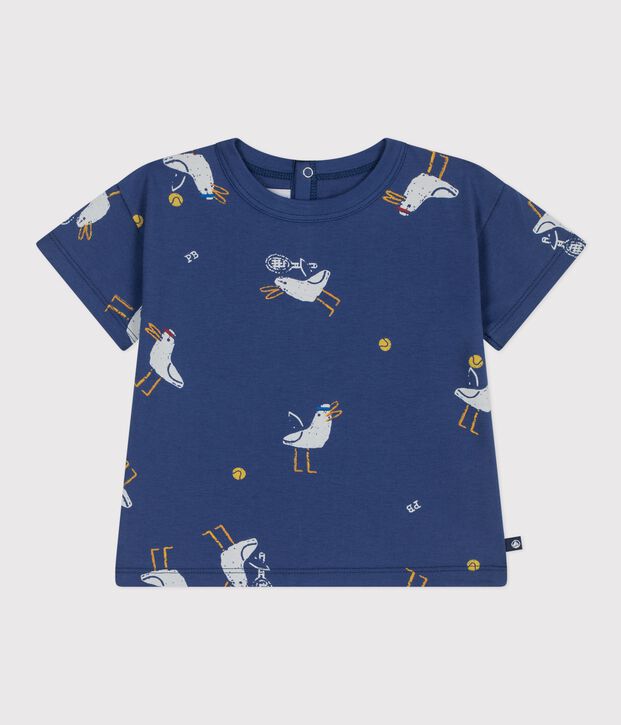 Babies' short-sleeved seagull-print cotton T-shirt blue/multicolor
