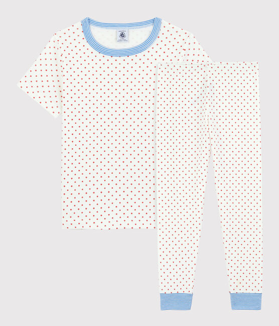 Boys' Short-Sleeved Red Star Pattern Organic Cotton Pyjamas MARSHMALLOW white/PEPS red