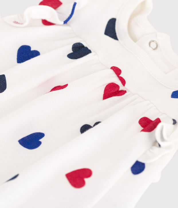 Babies' short-sleeved cotton dress with an integrated triple heart pattern body white/multicolor