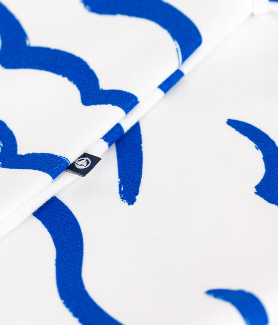 Babies' short-sleeved shark print cotton playsuit MARSHMALLOW blue/PORCELANA