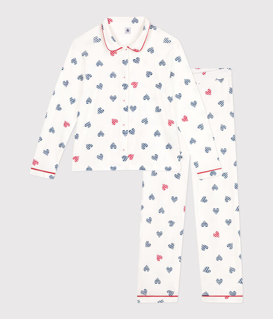Women's buttoned cotton pajamas with heart print MARSHMALLOW white/MULTICO white