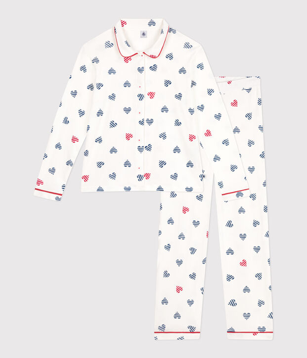 Women's buttoned cotton pajamas with heart print white/multicolor