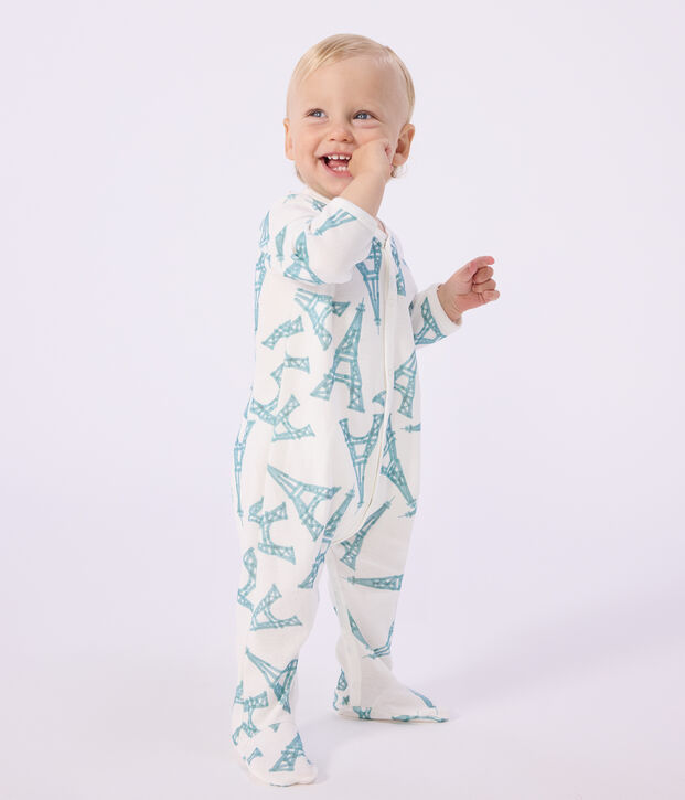 Babies' Eiffel Tower print cotton pyjama suit white/blue