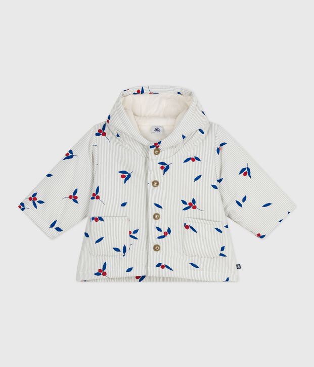 Babies' padded hooded coat in berry-printed poplin blue/multicolor
