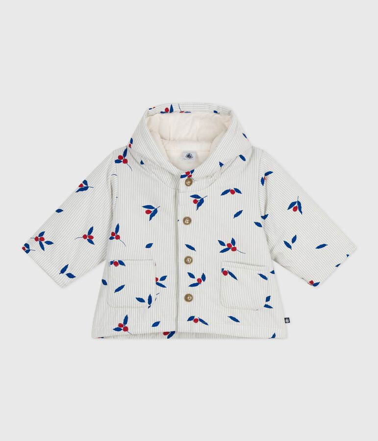 Babies' padded hooded coat in berry-printed poplin blue/multicolor