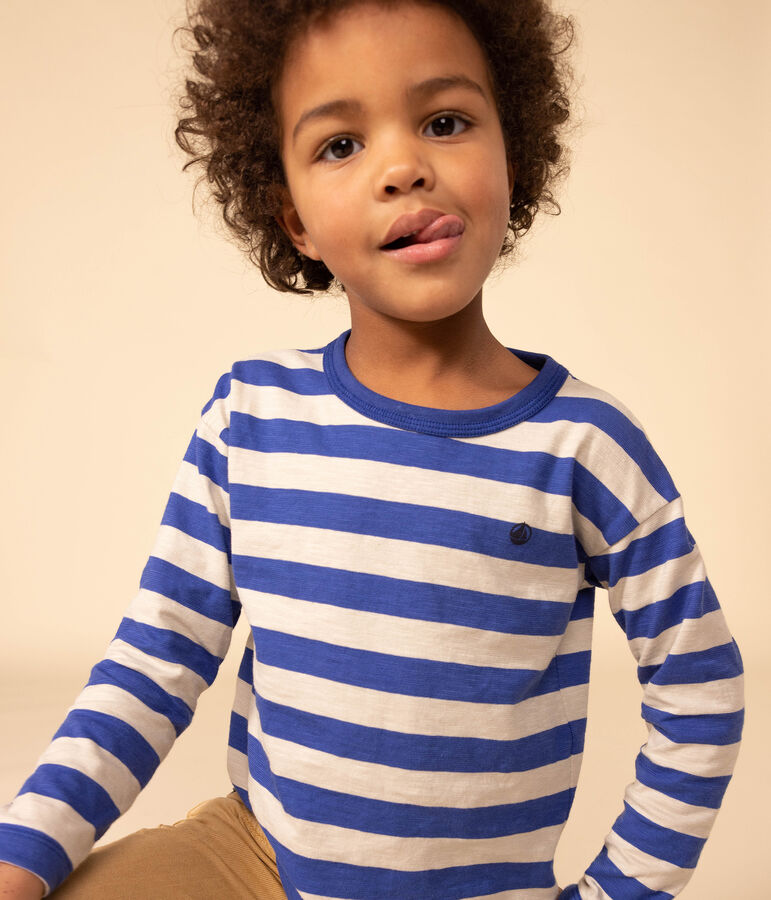 Boys' long-sleeved cotton T-shirt blue/grey
