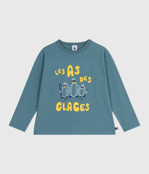 Children's long-sleeved printed cotton T-shirt blue