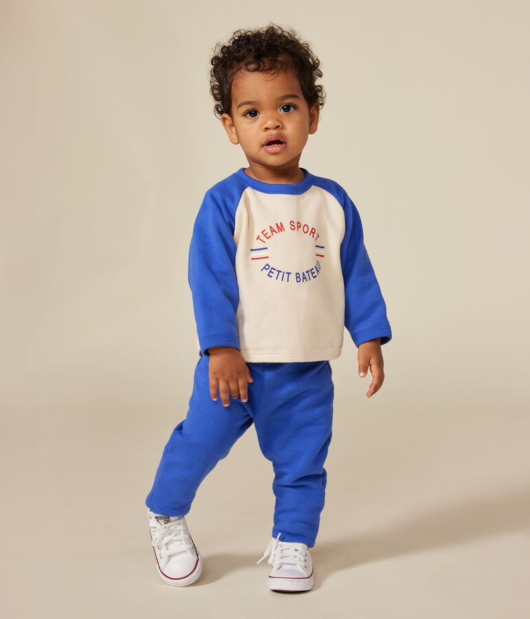 Babies' fleece sweatshirt Ecru/blue