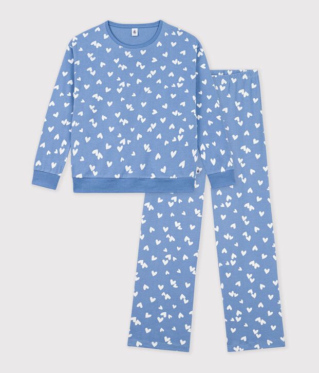 Women's heart print cotton pyjamas blue/white