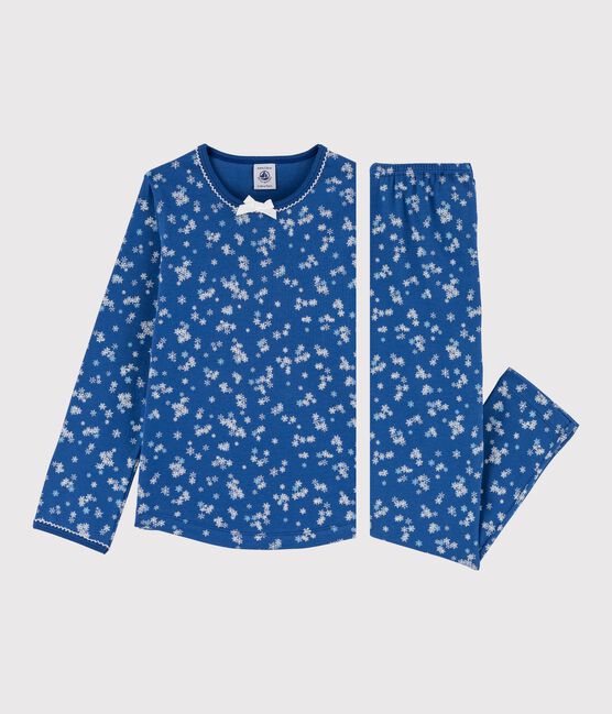 Girls' Snowflake Print Ribbed Pyjamas MAJOR blue/ECUME white