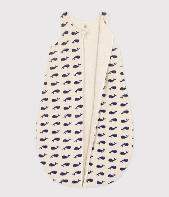 Babies' whale patterned velour 3 TOG 3 sleeping bag MONTELIMAR beige/MEDIEVAL blue