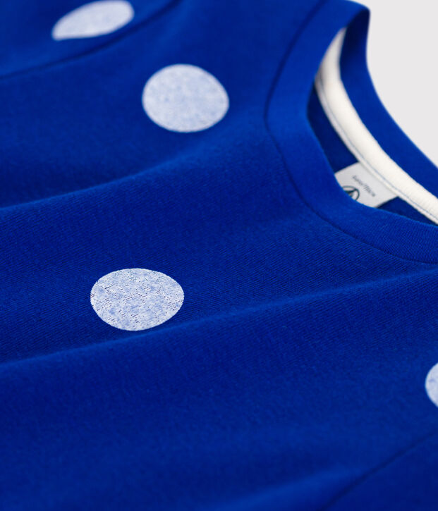 Girls' Short-Sleeved Cotton and Linen Blend T-Shirt blue/white