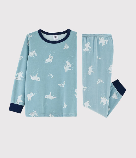 Boys' Yeti Print Velour Pyjamas BRUME blue/MARSHMALLOW