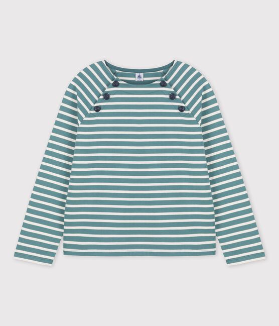 Women's Buttoned Breton Cotton Top BRUT green/AVALANCHE white