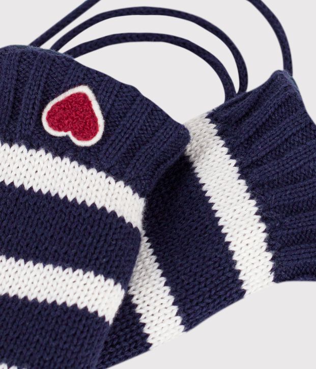 Baby mittens in striped knit with fleece lining blue/ecru