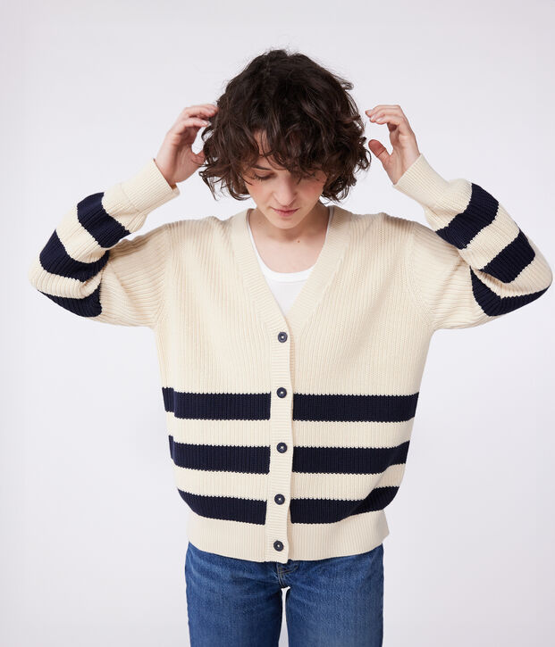 Women's stripy cotton cardigan Ecru/blue