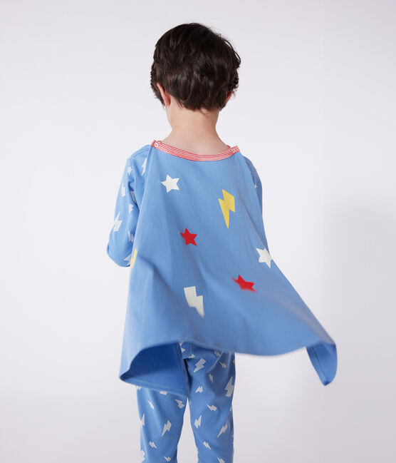 Children's short fancy dress pyjamas in glow-in-the-dark cotton with a cape ALASKA blue/MULTICO white