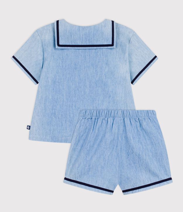 Babies' 2-piece set in chambray including a T-shirt with a sailor collar blue