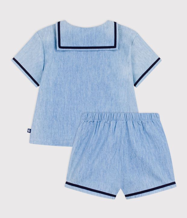 Babies' 2-piece set in chambray including a T-shirt with a sailor collar blue
