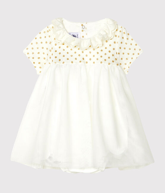 Baby Girls' Cotton and Linen Bodysuit/Dress MARSHMALLOW white/OR yellow