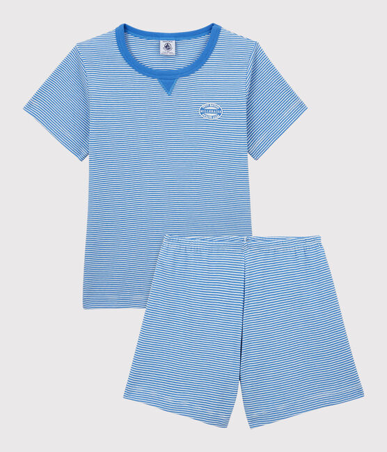 Boys' Stripy Cotton Short Pyjamas BRASIER blue/MARSHMALLOW grey