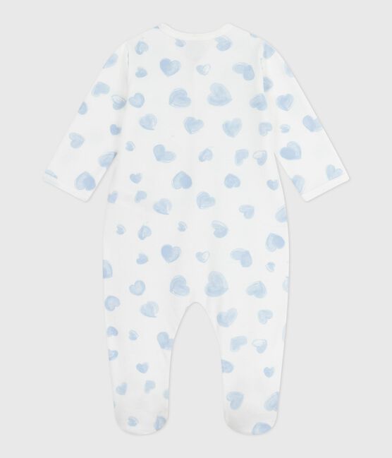Babies' brushed fleece heart-print pyjamas with a collar MARSHMALLOW /ADRIATIC