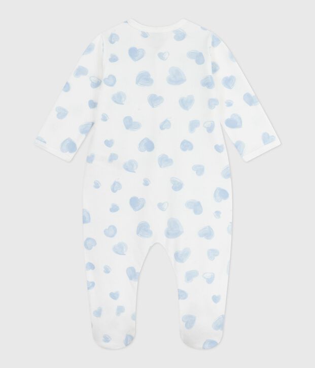 Babies' brushed fleece heart-print pyjamas with a collar white/blue