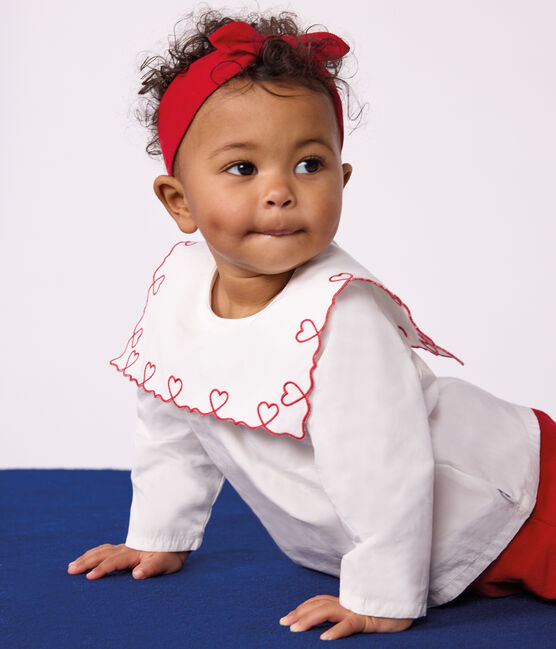 Babies' long-sleeved cotton poplin blouse with embroidered hearts ECUME white