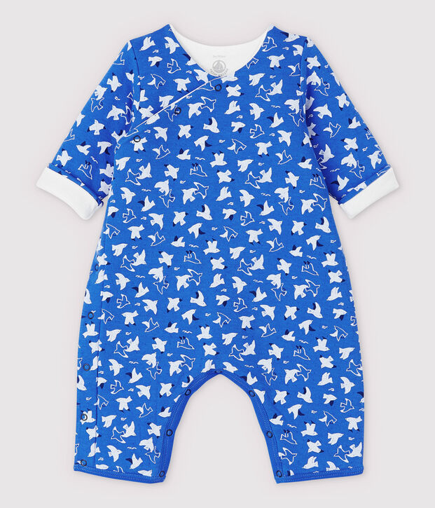 Babies' Long Bird Patterned Jumpsuit in Quilted Organic Cotton Tube Knit blue/multicolor