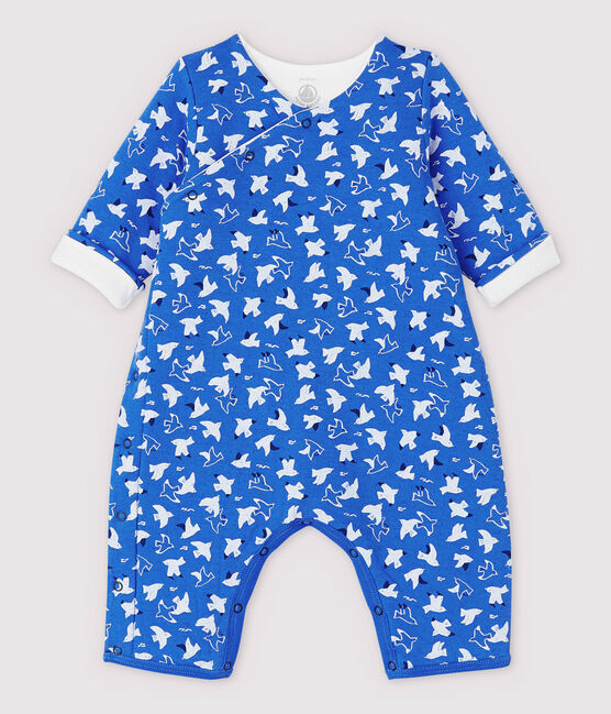 Babies' Long Bird Patterned Jumpsuit in Quilted Organic Cotton Tube Knit COOL blue/MULTICO ecru