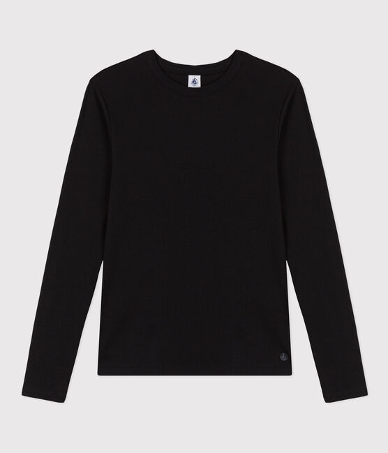 Women's iconic long-sleeved plain rib knit T-shirt BLACK Petit